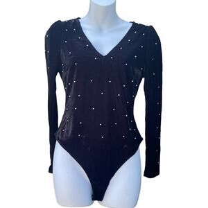 Iris velvet long sleeve Pearl studded deep v neck bodysuit